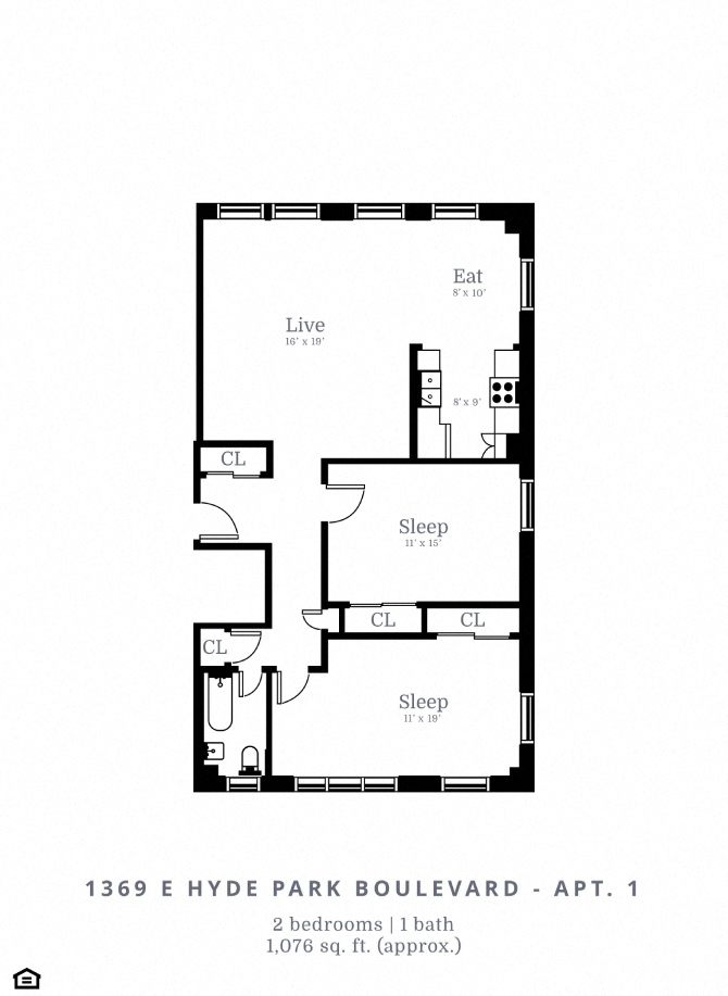 Floor plan for 2 beds, 1 bath, 1076 sqft
